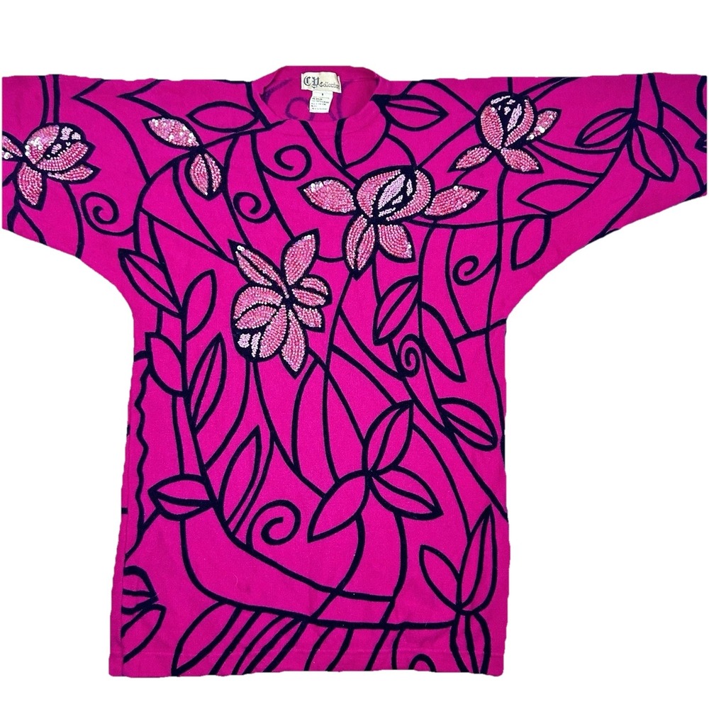 Vintage CP Collection Women's Beaded Lambswool Sweater Fuchsia Pink Floral Small